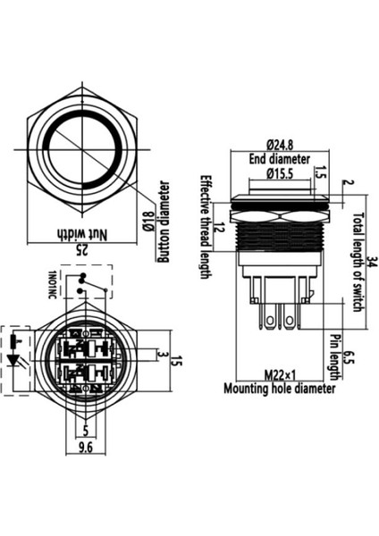 22B-G1Z-E 22MM Çıkık Anahtarlı Işıklı Metal Buton - Yeşil