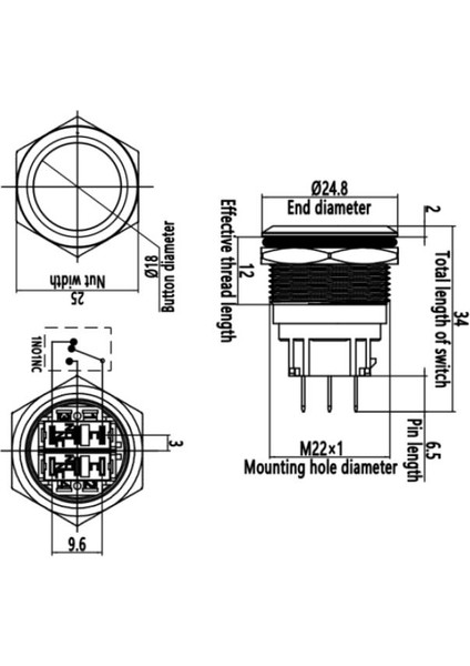 22B-P1Z 22MM Düz Anahtarlı Metal Buton