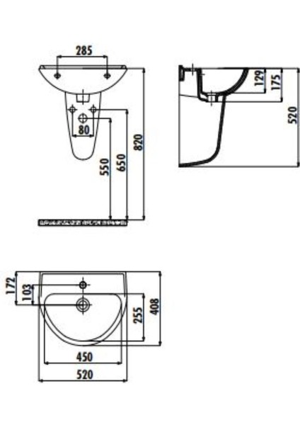 40x50 cm Duvara Monte Batarya Delikli Lavabo TP155