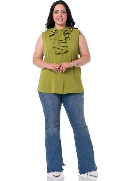 Büyük Beden Yakası Iki Kat Volanlı Düğmeli Kolsuz Fıstık Yeşili Gömlek fiyatları