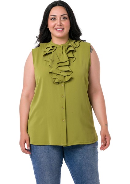 Büyük Beden Yakası Iki Kat Volanlı Düğmeli Kolsuz Fıstık Yeşili Gömlek fırsatları