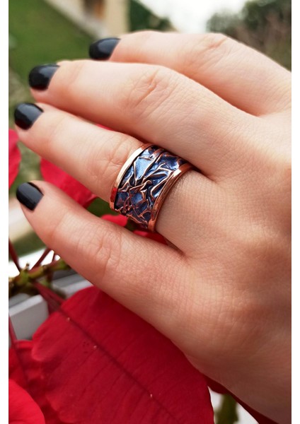 Mavi Renk Rölyef Desen Şekilli El Yapımı Ayarlanabilir Bakır Kadın Yüzük