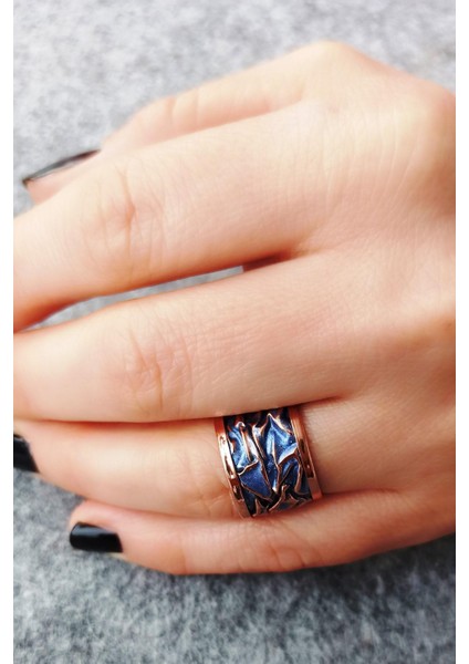 Mavi Renk Rölyef Desen Şekilli El Yapımı Ayarlanabilir Bakır Kadın Yüzük modelleri