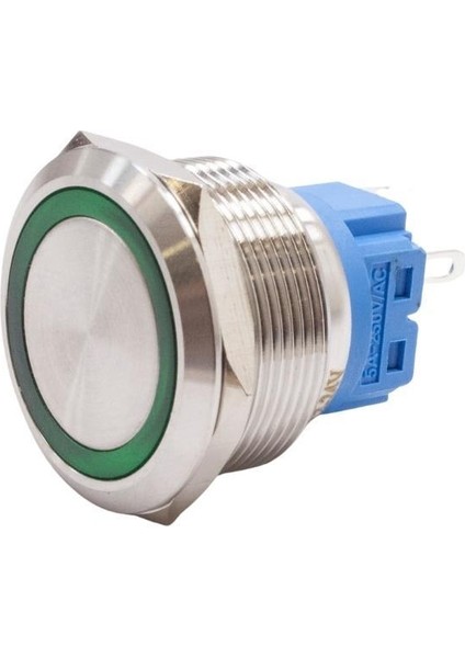 25B-P1-E 25MM Düz Yaylı Işıklı Metal Buton - Yeşil