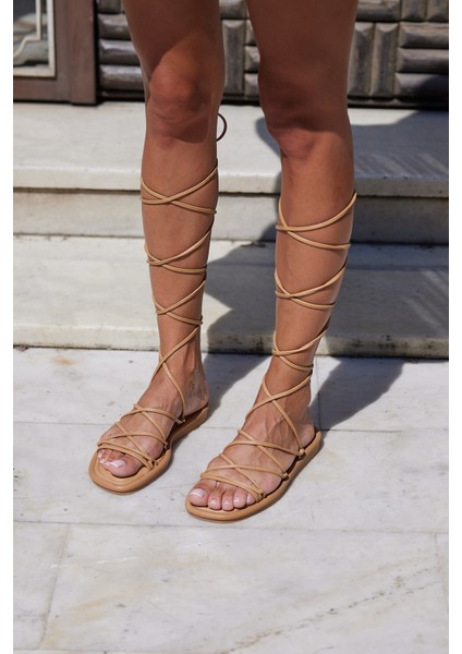 Vizon Kadın Sarma Bağcıklı Puf Sandalet Deri Malzemeden Rahat Tasarım fiyatları