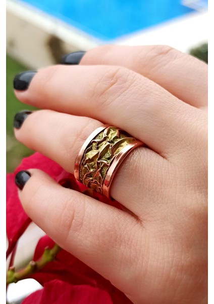 Açık Yeşil Renk Rölyef Desen Şekilli El Yapımı Ayarlanabilir Bakır Kadın Yüzük