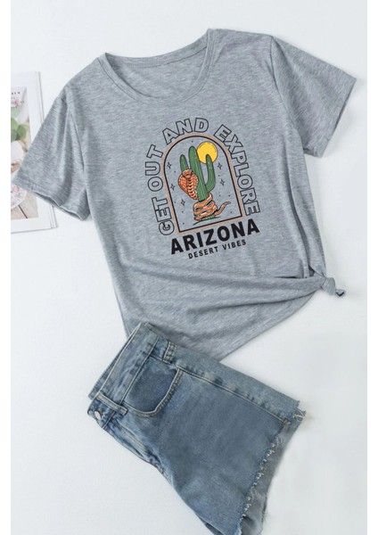 Unisex Gri Arizona Baskılı Tshirt