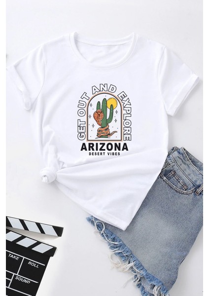 Unisex Beyaz Arizona Baskılı Tshirt
