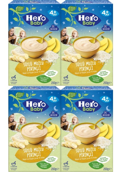 Hero Baby Kaşık Maması 200GR Gece Sütlü Muzlu Pirinçli 4 Lü Set