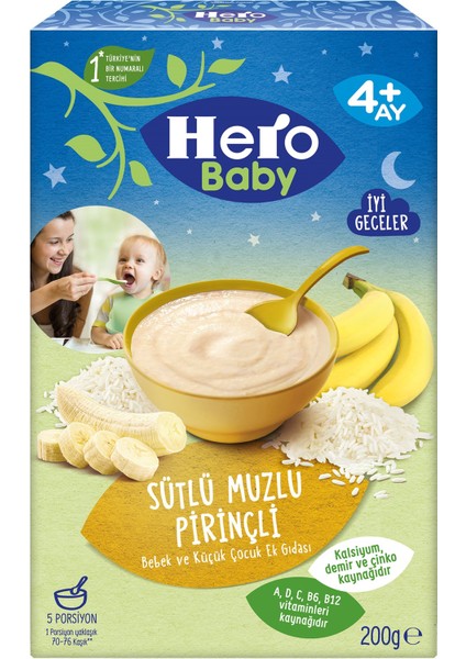 Hero Baby Kaşık Maması 200GR Gece Sütlü Muzlu Pirinçli 4 Lü Set