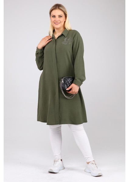 Kadın Büyük Beden Yaprak Baskılı Gömlek Tunik