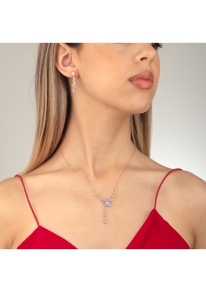 925 Ayar Gümüş Aquamarine Nergis Çiçeği Sarmaşık Kolye Küpe Takı Seti