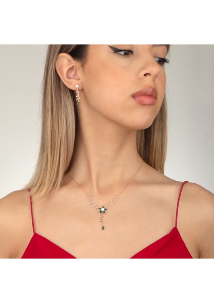 925 Ayar Gümüş Zümrüt Renkli Nergis Çiçeği Sarmaşık Kolye Küpe Takı Seti