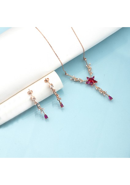 925 Ayar Gümüş Kırmızı Nergis Çiçeği Sarmaşık Kolye Küpe Takı Seti fiyatları