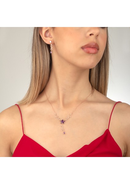 925 Ayar Gümüş Ametist Nergis Çiçeği Sarmaşık Kolye Küpe Takı Seti