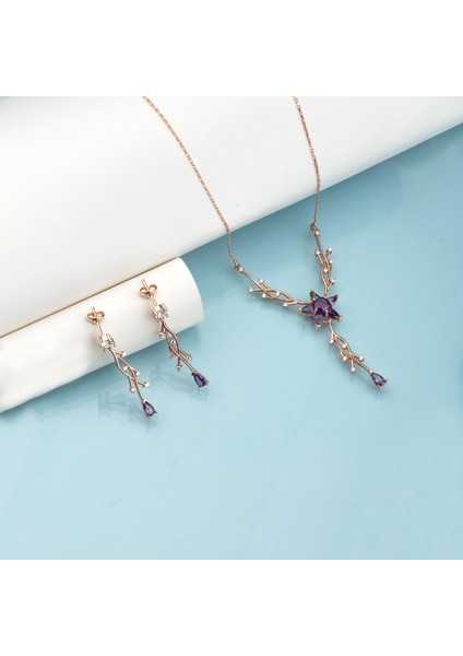 925 Ayar Gümüş Ametist Nergis Çiçeği Sarmaşık Kolye Küpe Takı Seti fiyatları