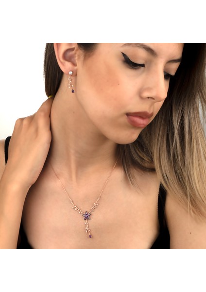 925 Ayar Gümüş Ametist Nergis Çiçeği Sarmaşık Kolye Küpe Takı Seti modelleri