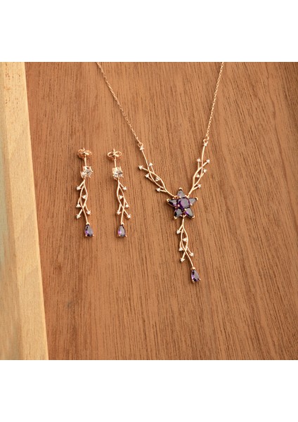 925 Ayar Gümüş Ametist Nergis Çiçeği Sarmaşık Kolye Küpe Takı Seti fırsatları