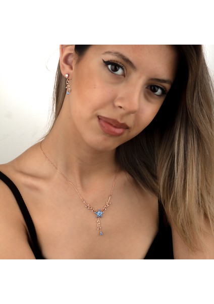 925 Ayar Gümüş Aquamarine Nergis Çiçeği Sarmaşık Kolye Küpe Takı Seti modelleri