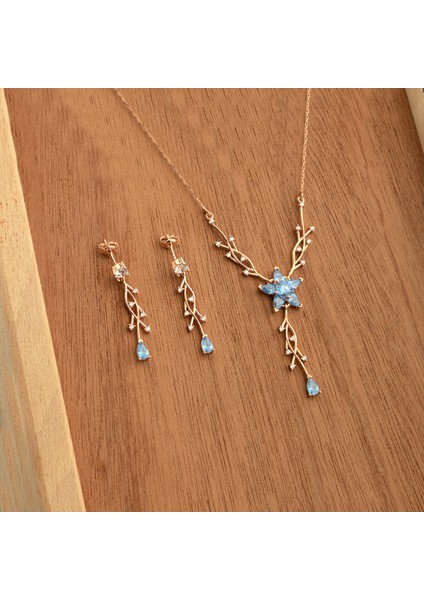 925 Ayar Gümüş Aquamarine Nergis Çiçeği Sarmaşık Kolye Küpe Takı Seti fırsatları