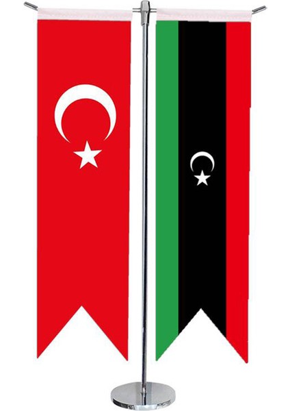 Masa Üstü Kırlangıç Libya Bayrağı Türk Bayrağı + Krom T Direk Masa Bayrak Seti