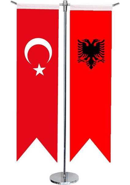 Masa Üstü Kırlangıç Arnavutluk Bayrağı Türk Bayrağı + Krom T Direk Masa Bayrak Seti