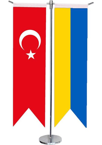 Masa Üstü Kırlangıç Ukrayna Bayrağı Türk Bayrağı + Krom T Direk Masa Bayrak Seti