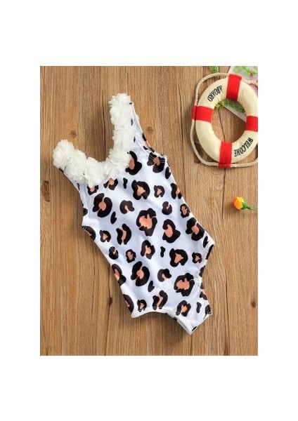 Leopar Desenli Mayo - Yakası Çiçekli Çocuk Mayosu