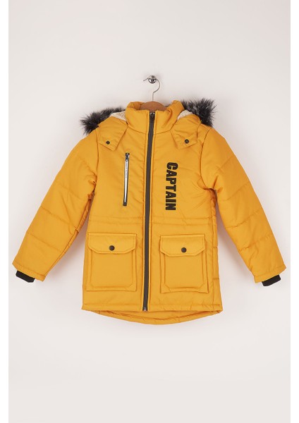 Captain Nakışlı Kürklü Kapüşonlu Erkek Çocuk Safran Sarı Şişme Mont fiyatları