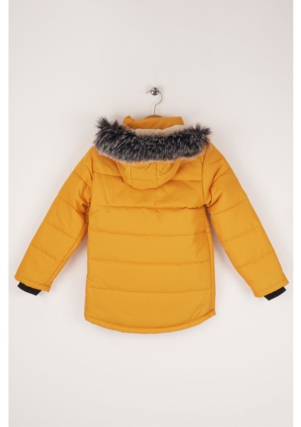 Captain Nakışlı Kürklü Kapüşonlu Erkek Çocuk Safran Sarı Şişme Mont modelleri