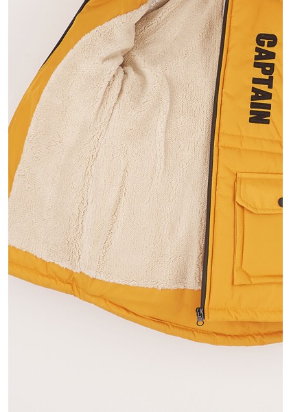Captain Nakışlı Kürklü Kapüşonlu Erkek Çocuk Safran Sarı Şişme Mont fırsatları