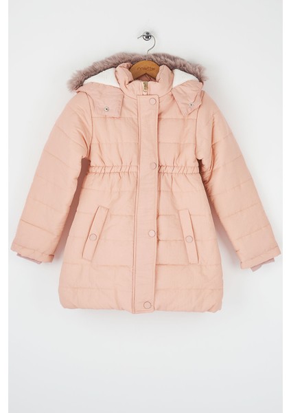 Bürümcük Kumaş Çıtçıt Kapamalı Fermuarlı Kürklü Kapüşonlu Kız Çocuk Pudra Şişme Mont