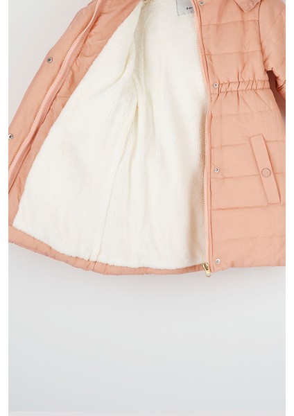 Bürümcük Kumaş Çıtçıt Kapamalı Fermuarlı Kürklü Kapüşonlu Kız Çocuk Pudra Şişme Mont modelleri