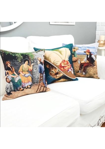 Goblen Dokuma Kırlent Kılıfı 3'lü Tablo Kombin Set
