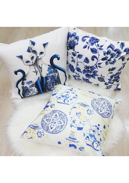 Çini Desen Kırlent Kılıfı 3'lü Kombin Set