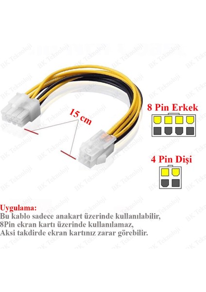 BK Teknoloji Atx 4pin Dişi Eps 8pin Erkek Güç Kablosu Adaptörü Cpu Güç