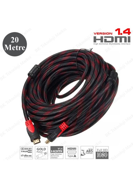 BK Teknoloji Full Hd 3D Örgülü HDMI Kablo - 20 Metre