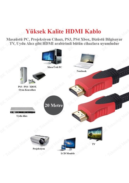 BK Teknoloji Full Hd 3D Örgülü HDMI Kablo - 20 Metre