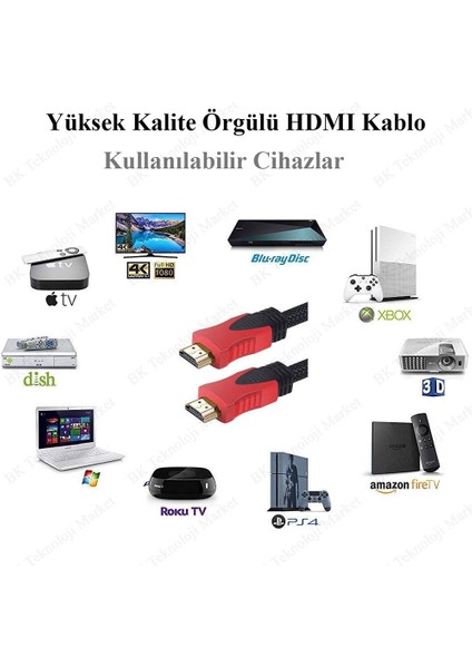 BK Teknoloji Full Hd 3D Örgülü HDMI Kablo - 20 Metre