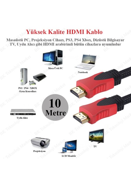 BK Teknoloji Yüksek Kalite Full Hd 3D Örgülü HDMI Kablo - 10 Metre