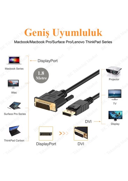 BK Teknoloji Yüksek Kalite Displayport To DVI 24+1 Kablo - 1.8 Metre