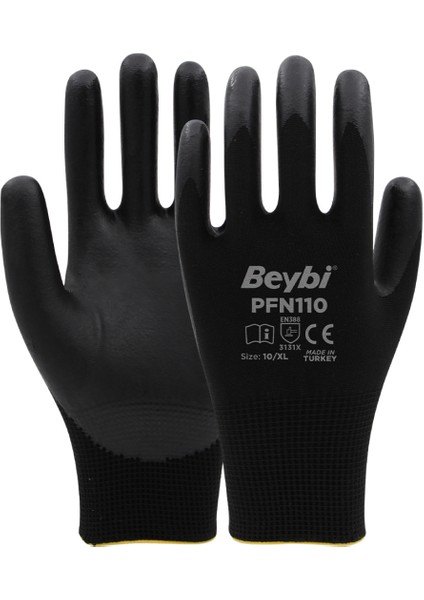 PFN110 10 Beden Siyah Polyester Örgü Üzeri ½ Köpük Nitril Kaplı Eldiven 12LI Paket EN388 (3131X)