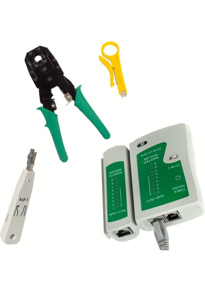 Krone Kep Kep Pense + RJ45 RJ11 Jack Sıkma Pensesi+ Data Telefon Kablosu Test Cihazı+Kablo Soyucusu Set