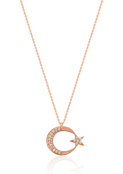 Ay Yıldızlı Gümüş Kolye Kadın Taşlı Rose Gümüş Kolye Modeli UC-520