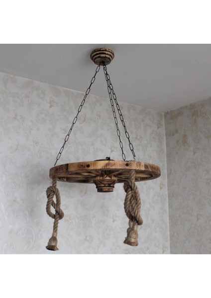 Ahşap Halatlı Teker Avize 60 Cm. 3'lü