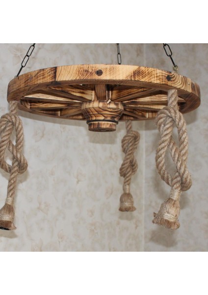 Ahşap Halatlı Teker Avize 60 Cm. 3'lü