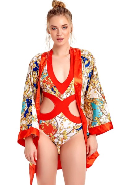 Turuncu Barok Desenli Saten Kimono