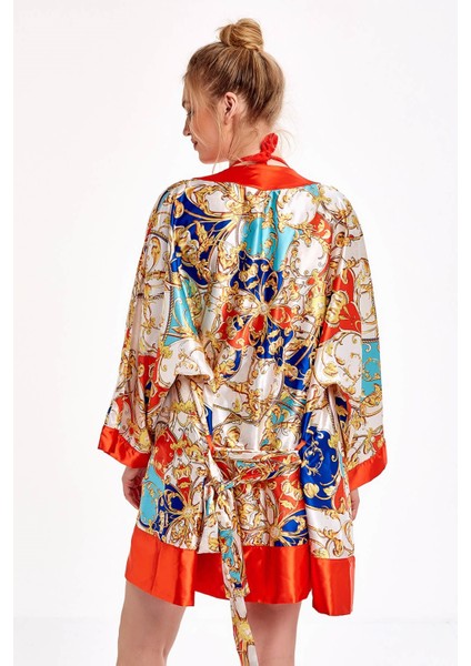 Turuncu Barok Desenli Saten Kimono