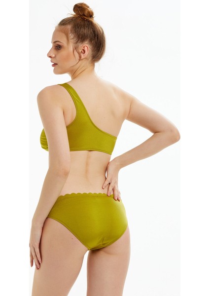 Lazer Kesim Yağ Yeşili Tek Omuz Bikini Takımı