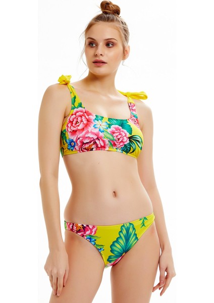 Sarı Çiçek Desenli Büstiyer Bikini Takımı